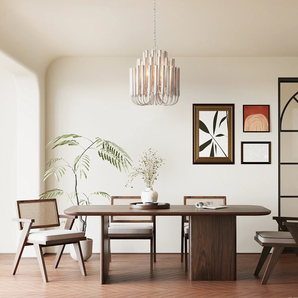 White wooden 5-light chandelier with vertical cylinder shades hanging in living room