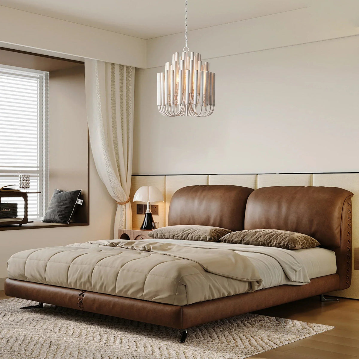 White wooden 5-light chandelier with cylinder shades hanging above a bedroom bed
