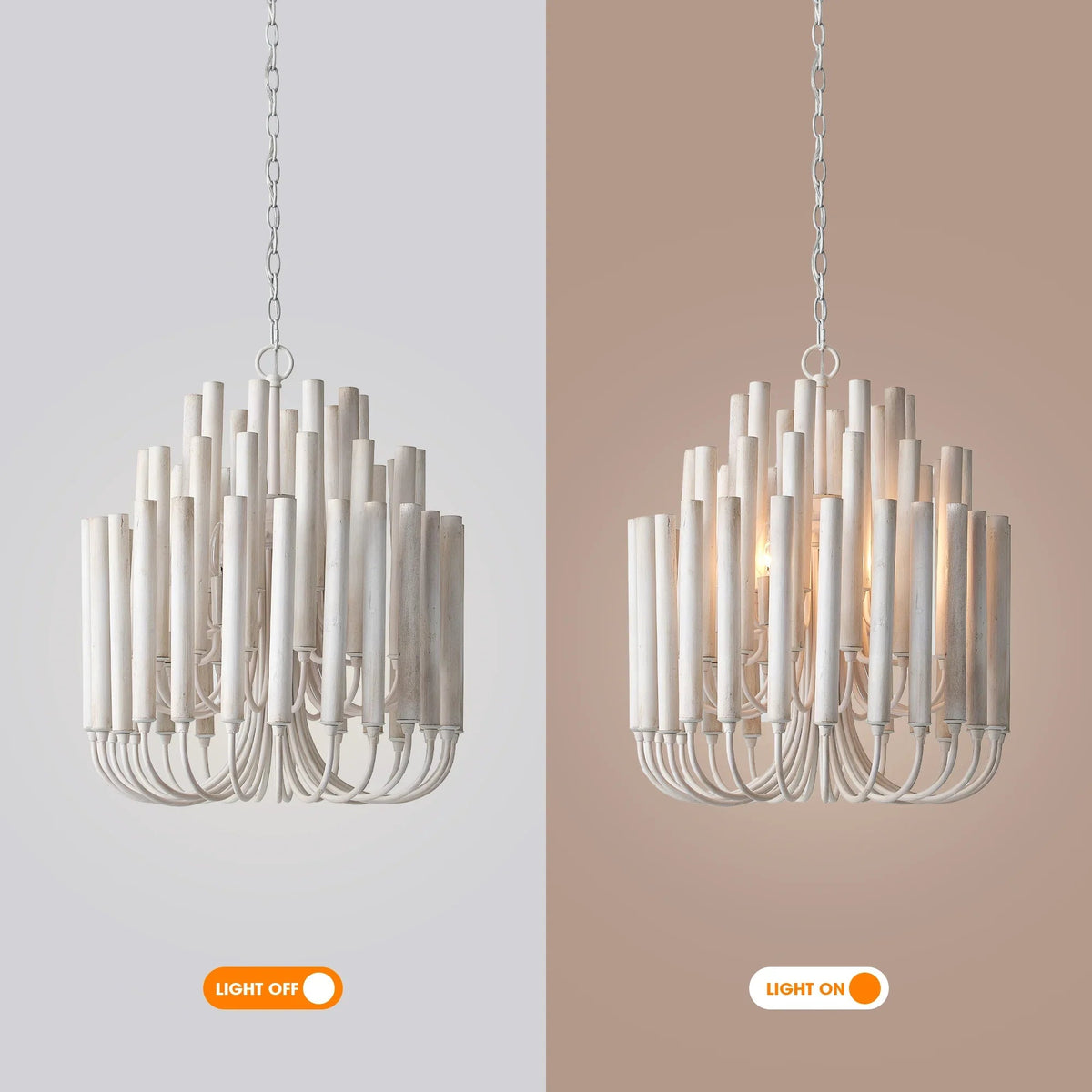 White wooden 5-light chandelier shown light off and light on