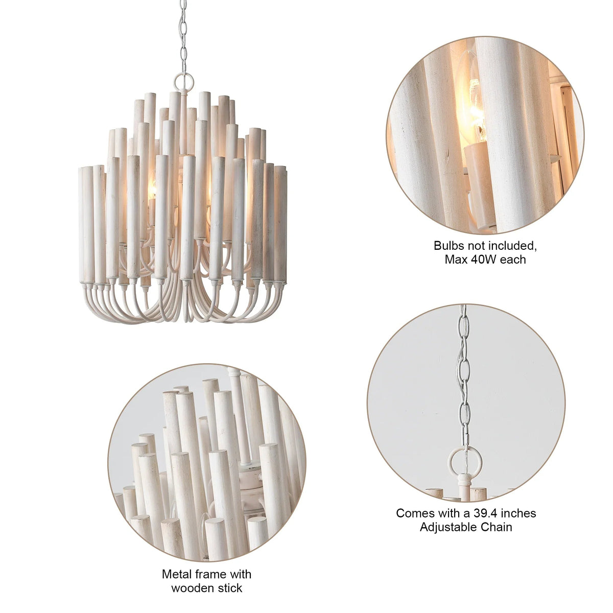 White wooden 5-light chandelier diagram showing chain, metal frame, and bulb size info