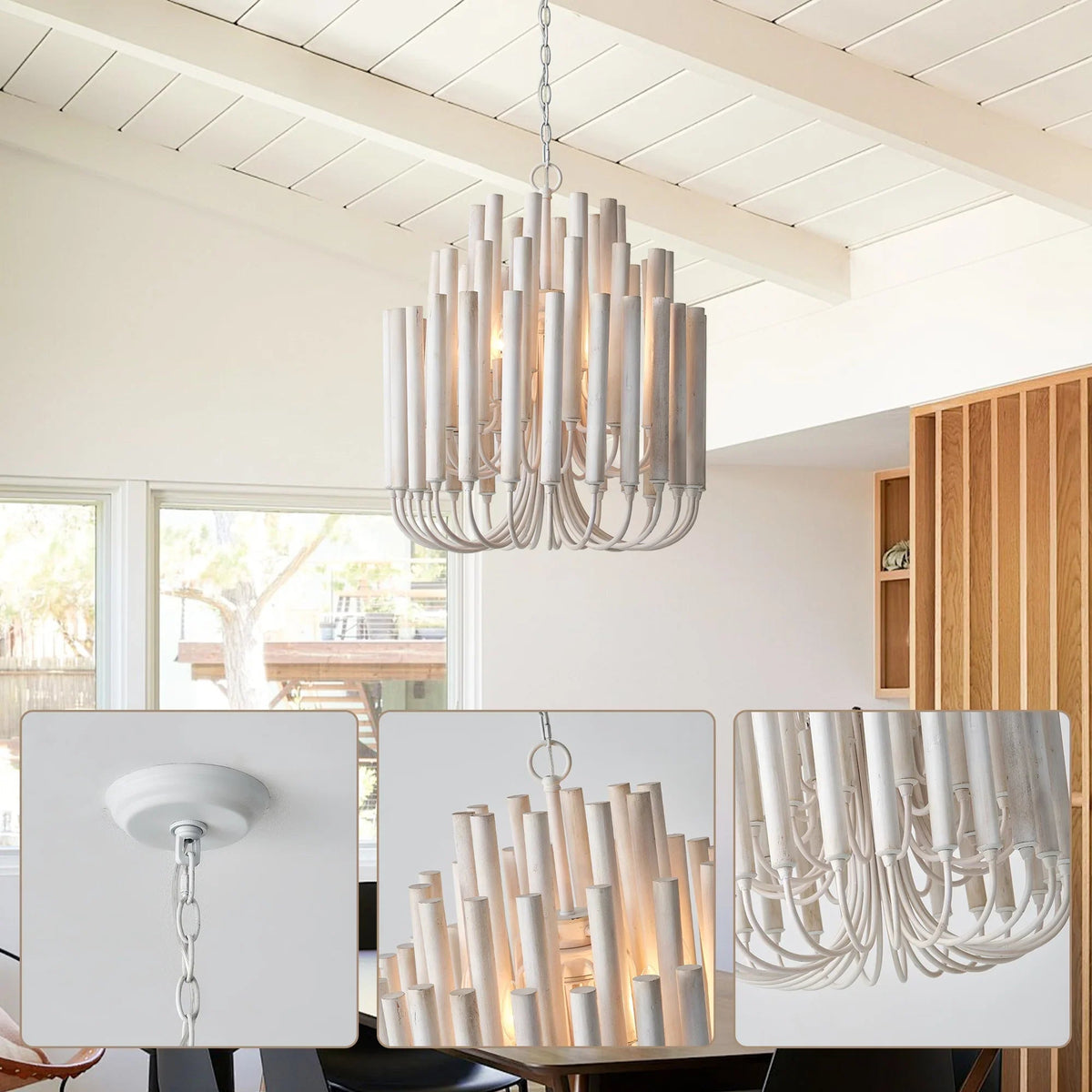 White wooden 5-light chandelier centered in a bright room with cylinder shades