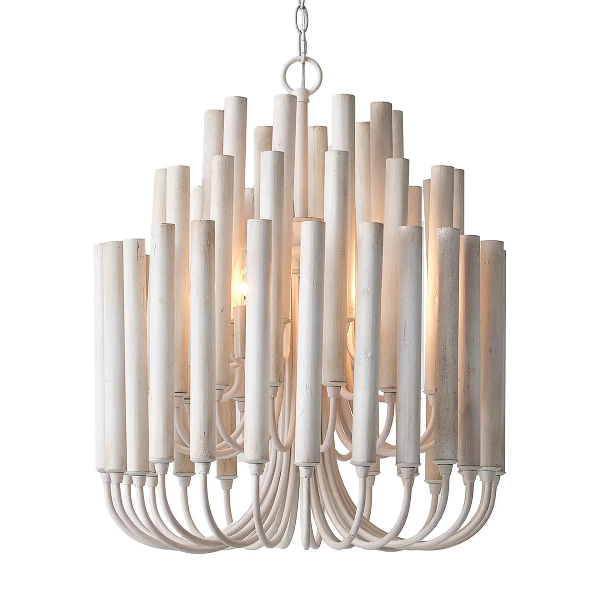 White wooden cylinder 5-light chandelier with warm glowing bulbs and curved cord details