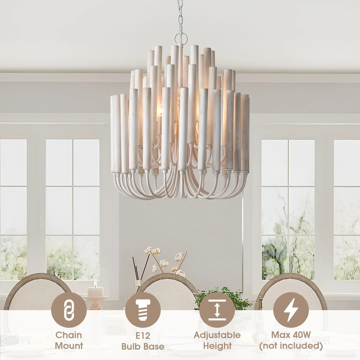 White wooden 5-light chandelier with five hanging arms and candle-style shades