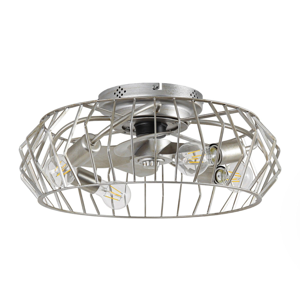 Silver flush mount ceiling fan with light, wire cage and mounting canopy detail