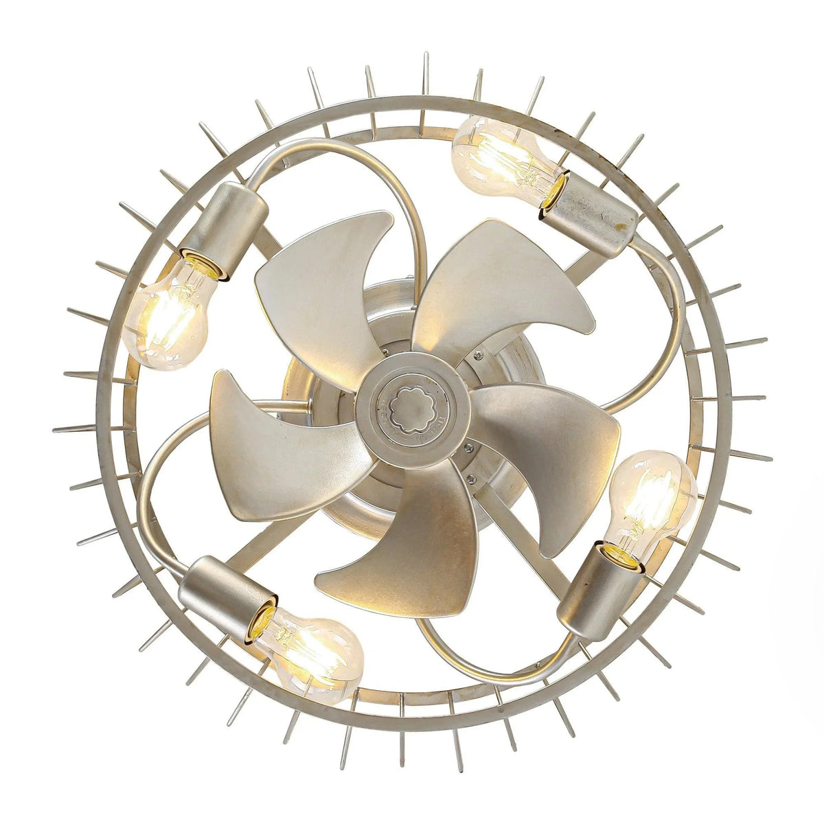 Silver flush mount ceiling fan with light featuring five blades and exposed bulbs