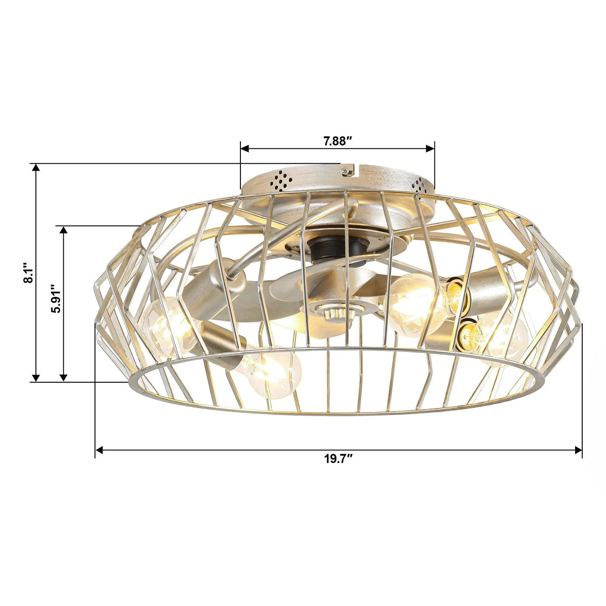 Silver flush mount ceiling fan with light, wire cage, and four illuminated bulbs