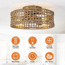 Parrot Uncle 18-Inch Vintage Gold Farmhouse Rattan Flush Mount Ceiling Fan with Light APP and Remote Control (BBF3002)