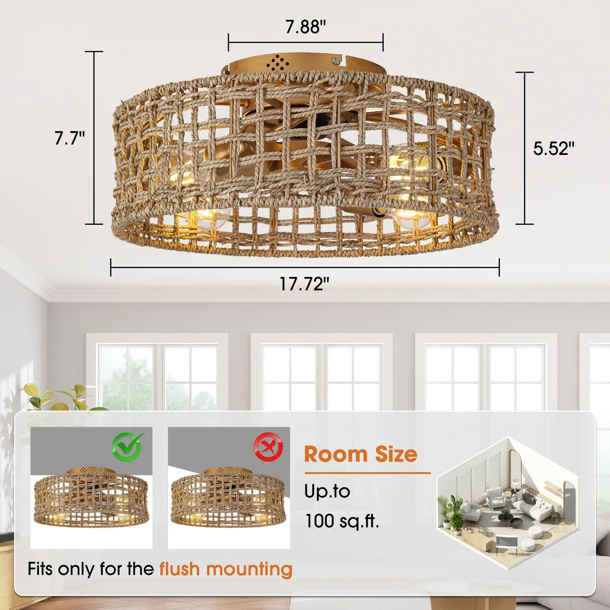Parrot Uncle 18-Inch Vintage Gold Farmhouse Rattan Flush Mount Ceiling Fan with Light APP and Remote Control (BBF3002)