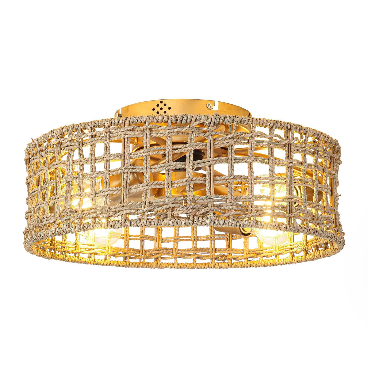 Golden woven rattan ceiling fan flush-mount light with warm bulbs and fan housing.