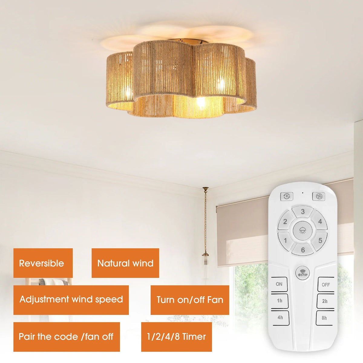 Golden rattan flush-mount ceiling fan light with remote control included