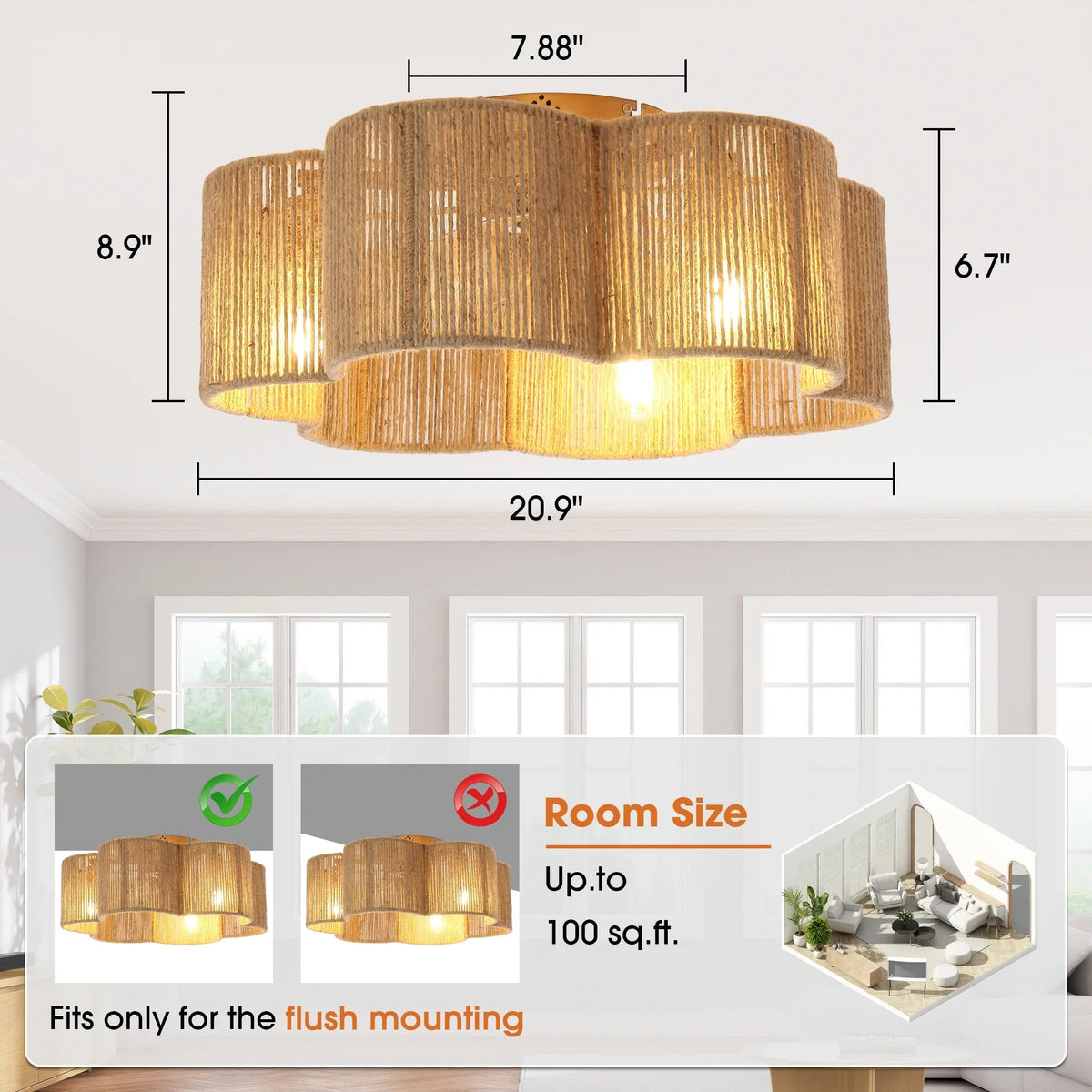 Golden rattan flush-mount ceiling fan light with dimensions 20.9 in wide