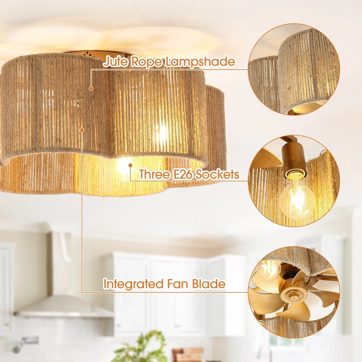 Golden rattan ceiling fan light with integrated fan blade and three E26 sockets