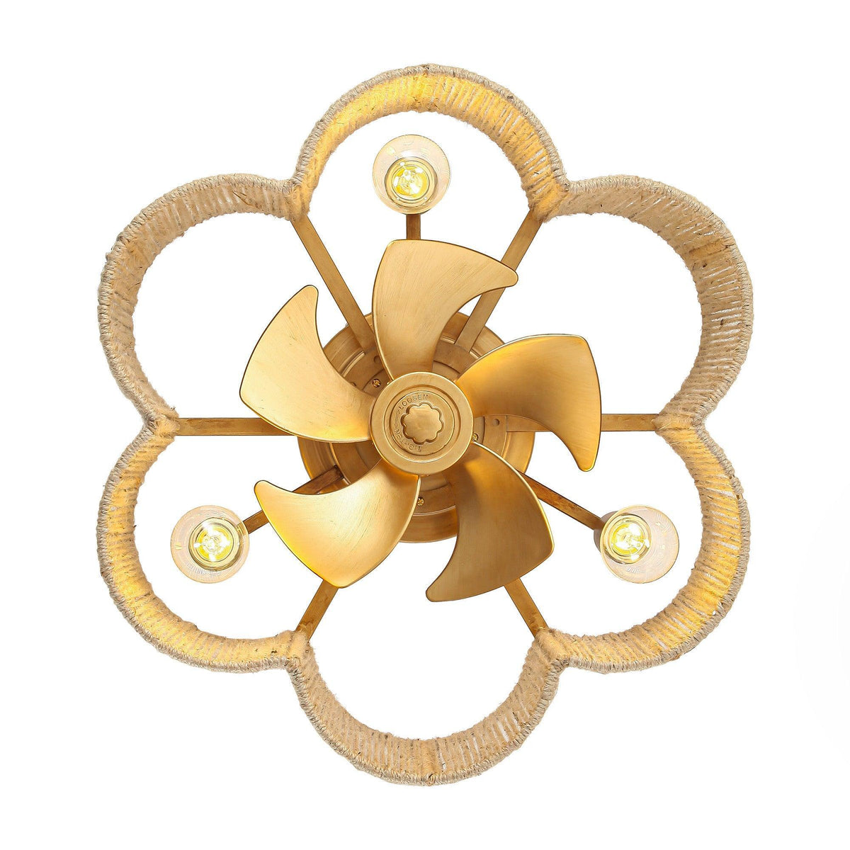 Golden flower-shaped rattan ceiling fan with four blades and three lit light bulbs