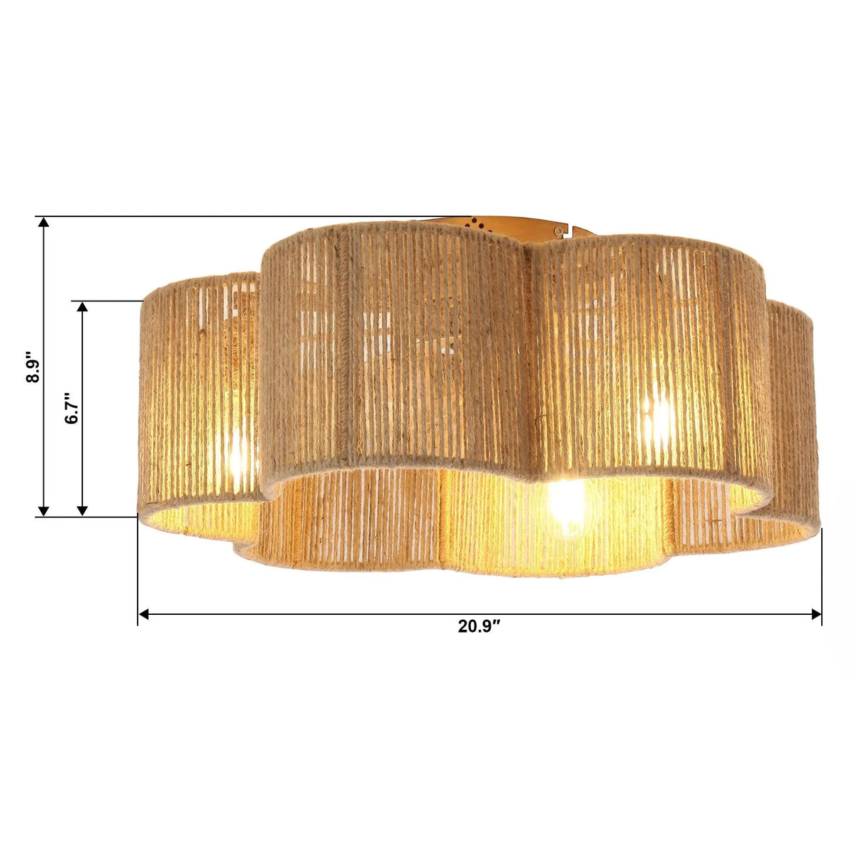Golden rattan flush-mount ceiling fan light fixture with drum shade