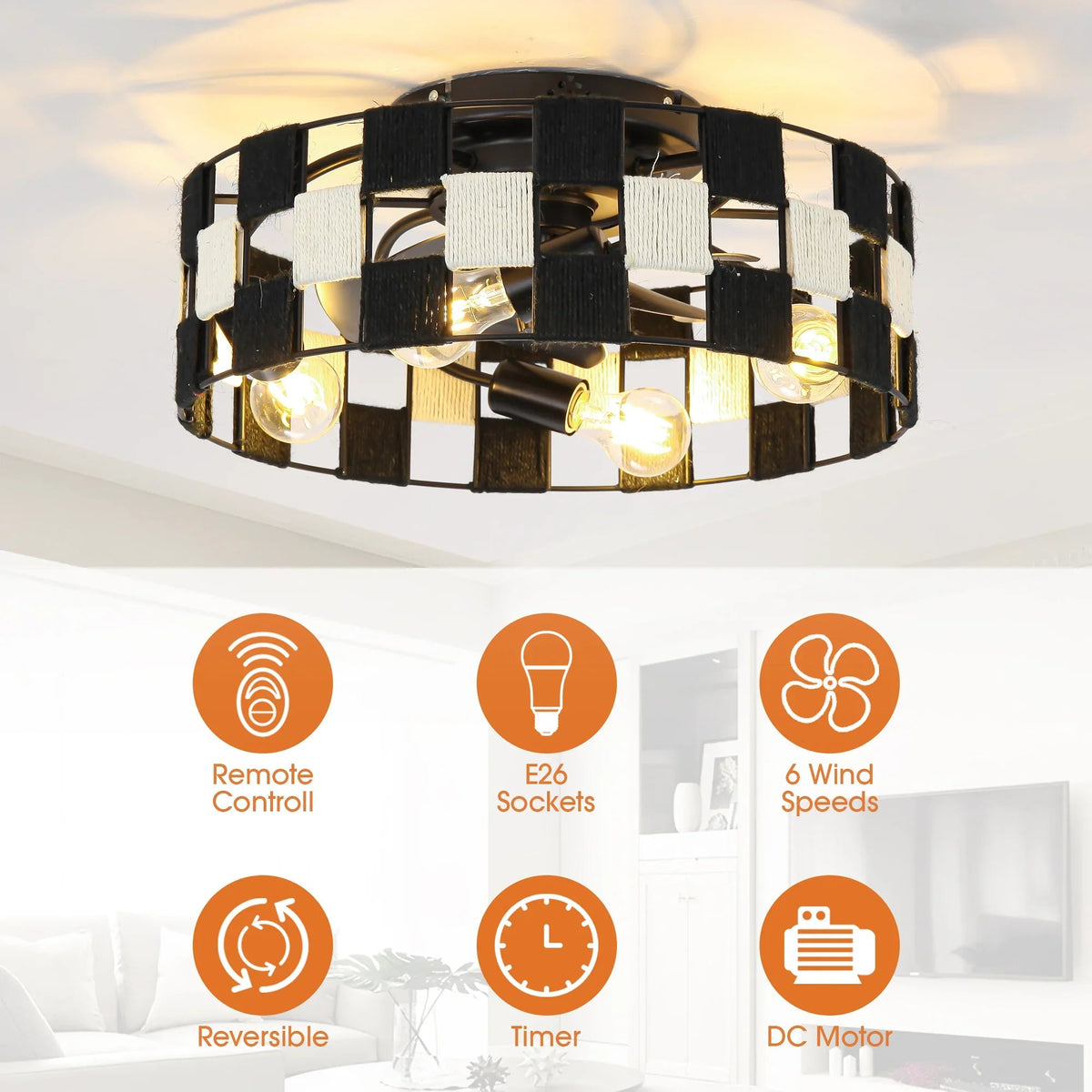 Black industrial flush-mount ceiling fan with light, metal cage shade and 4 bulb sockets