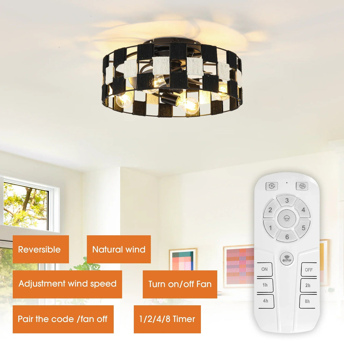Black industrial flush-mount ceiling fan with light and remote control