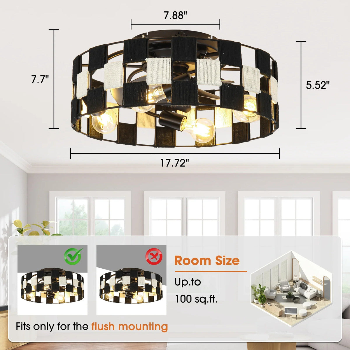 Black industrial flush-mount ceiling fan with light, 17.72 in width and 5.52 in height