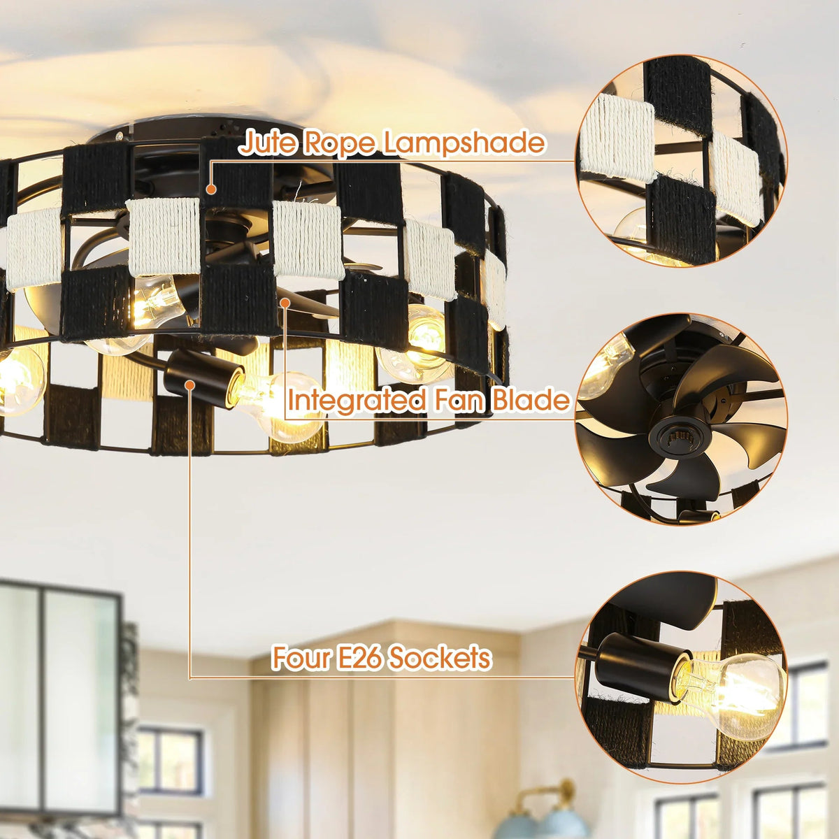 Black flush-mount ceiling fan light with jute rope lampshade and integrated fan blades