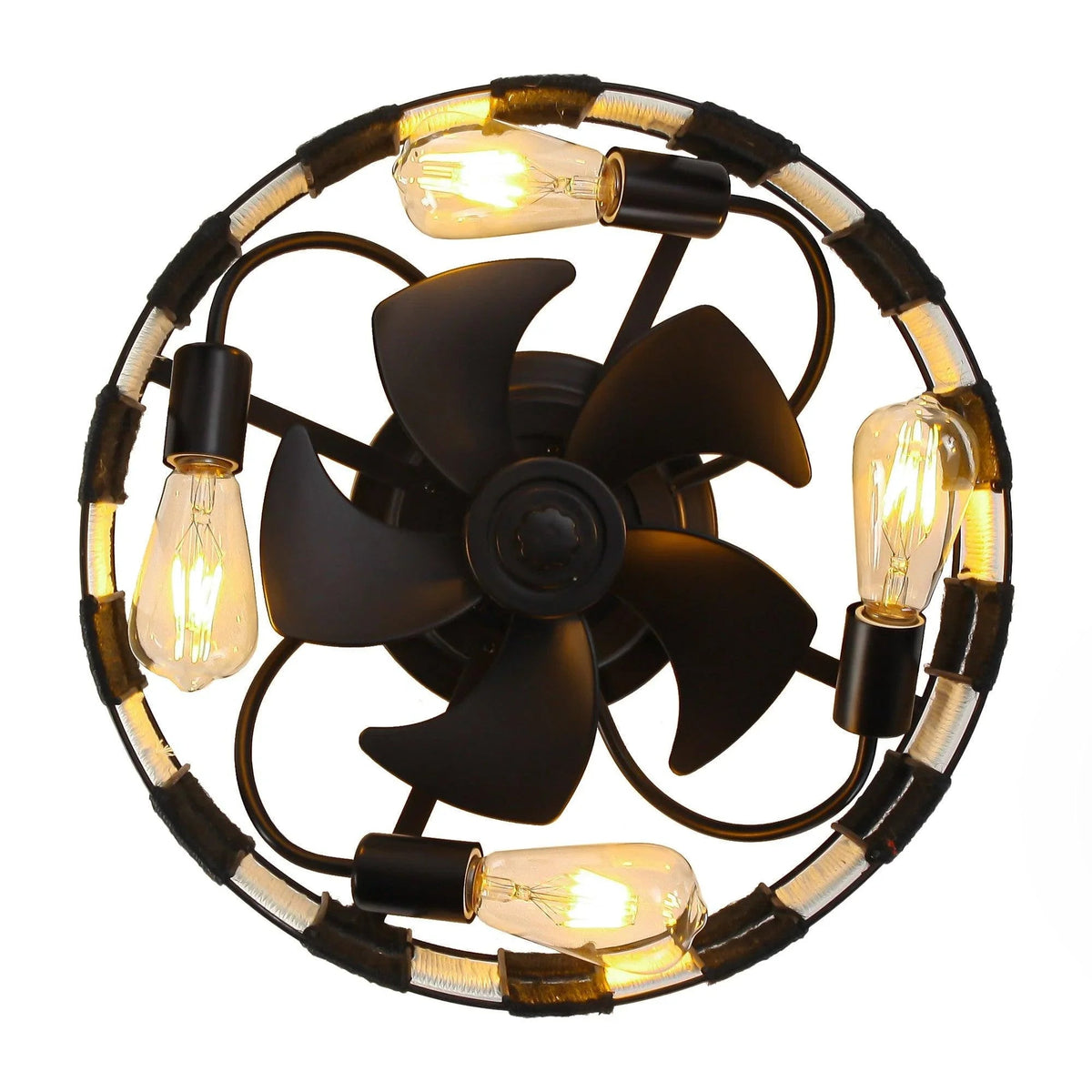 Black flush mount ceiling fan with light, decorative cage and four illuminated bulbs
