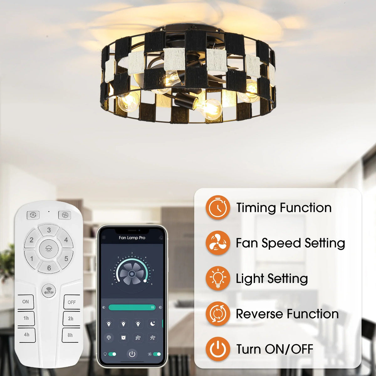 Black flush mount ceiling fan with light and remote control