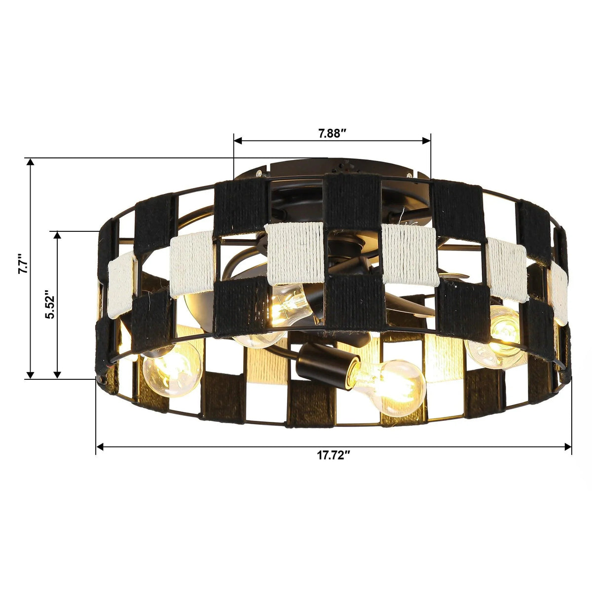 Black flush mount ceiling fan with light with size dimensions shown