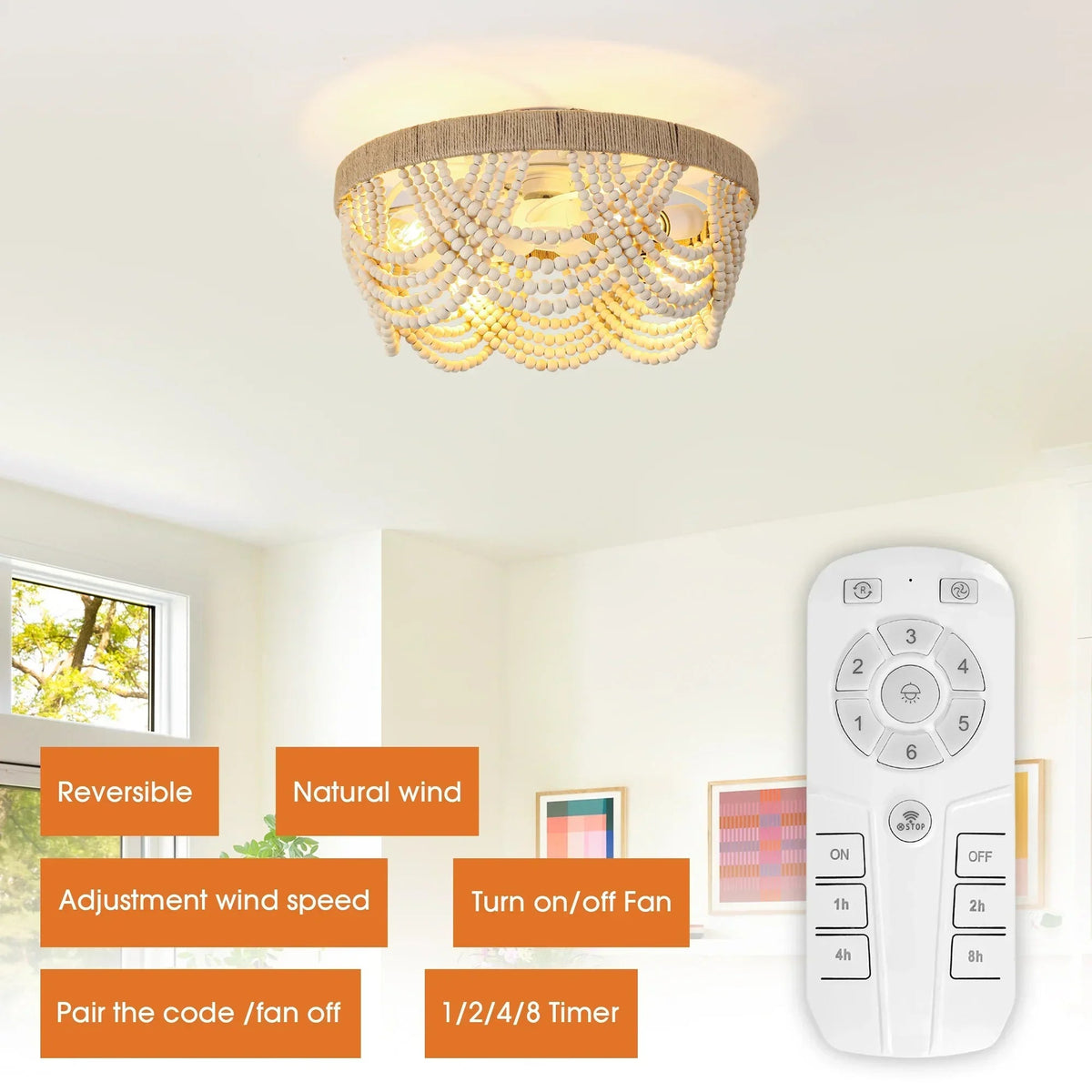 Parrot Uncle 20-Inch White Farmhouse Handmade Wooden Beads Flush Mount Ceiling Fan with APP Remote Control and Lighting (BBF3006)