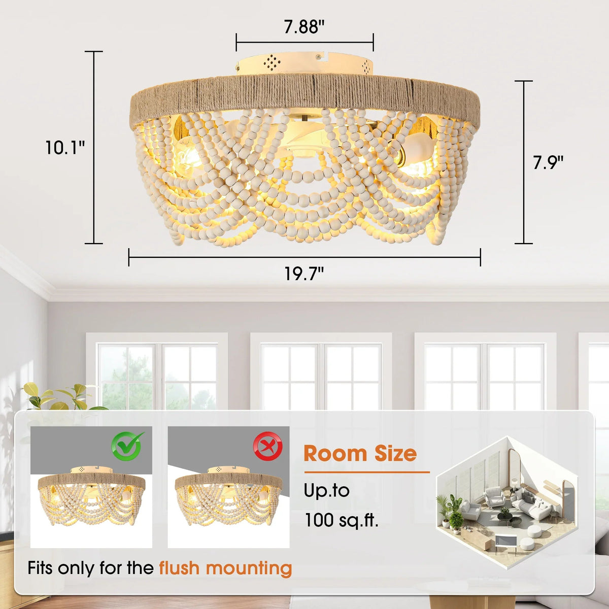 White beaded flush-mount ceiling fan with fabric drum top and integrated light