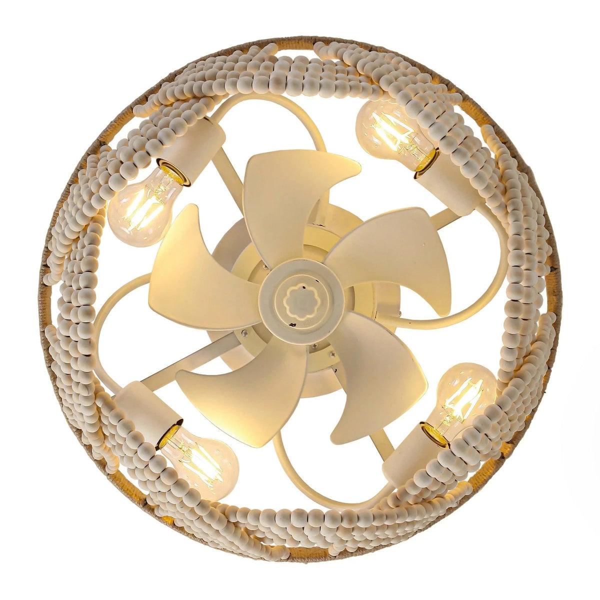 Close-up of a white beaded flush-mount ceiling fan with five fan blades and lights