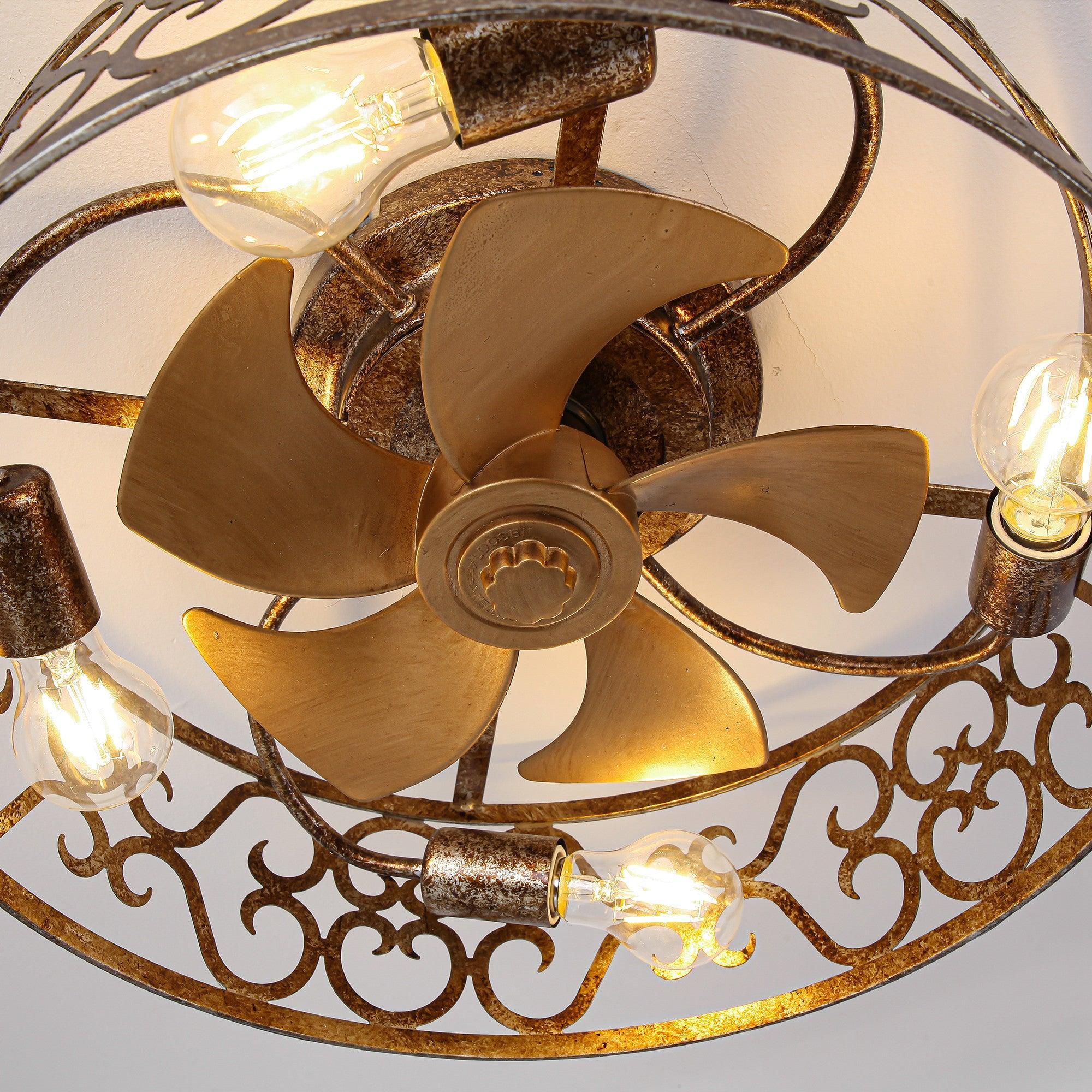 Golden distressed ceiling fan blades with lit frosted bulbs and ornate metal housing