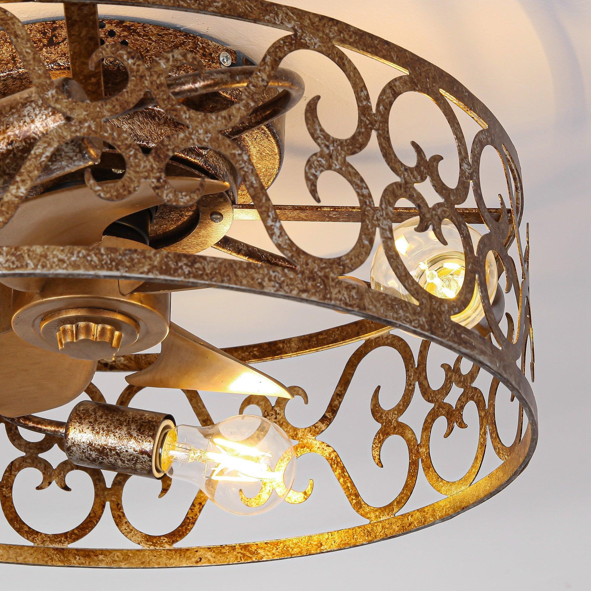 Golden distressed ceiling fan canopy with ornate metal scrollwork and lit bulbs