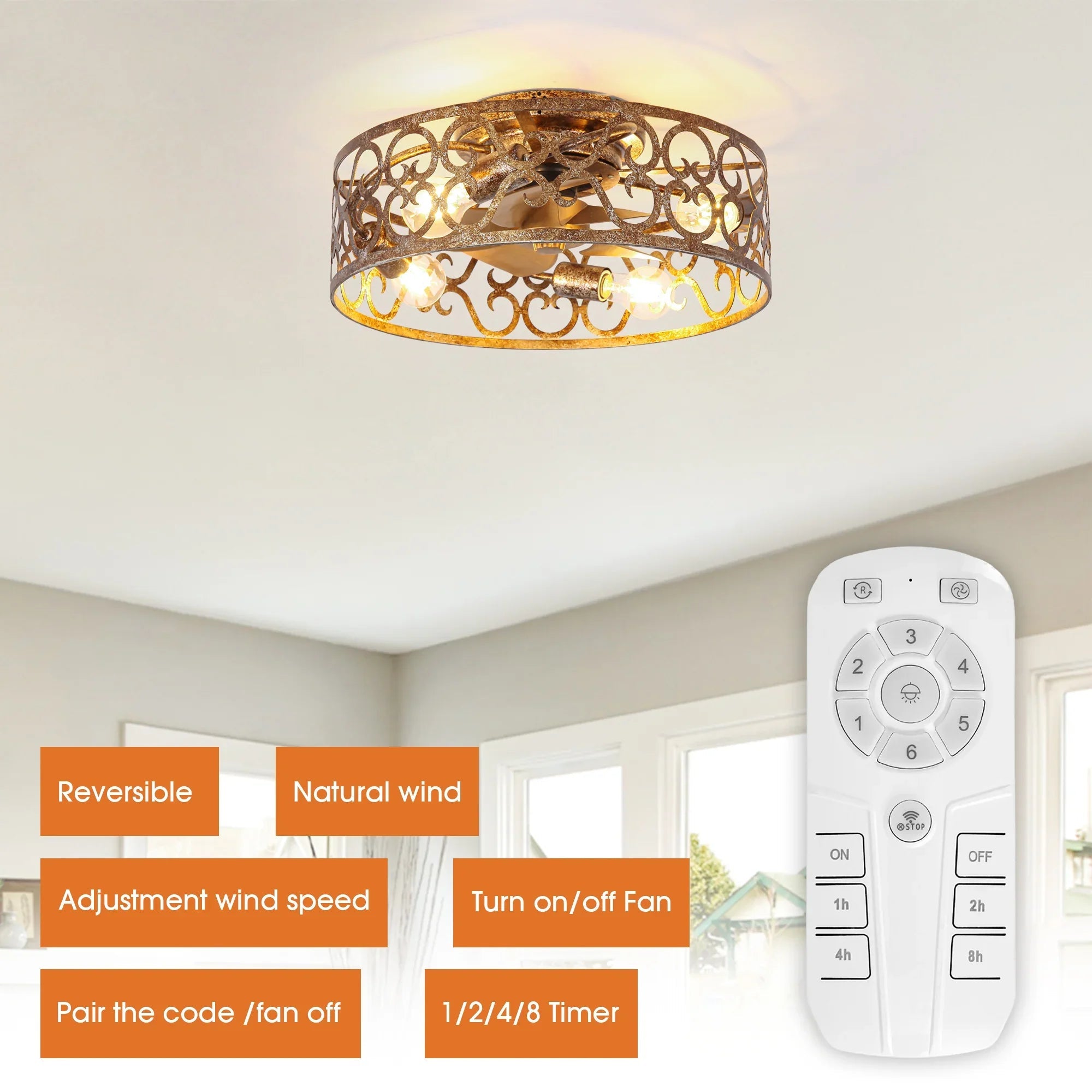 Ceiling fan remote control and golden flush-mount fan light with ornate metal cage