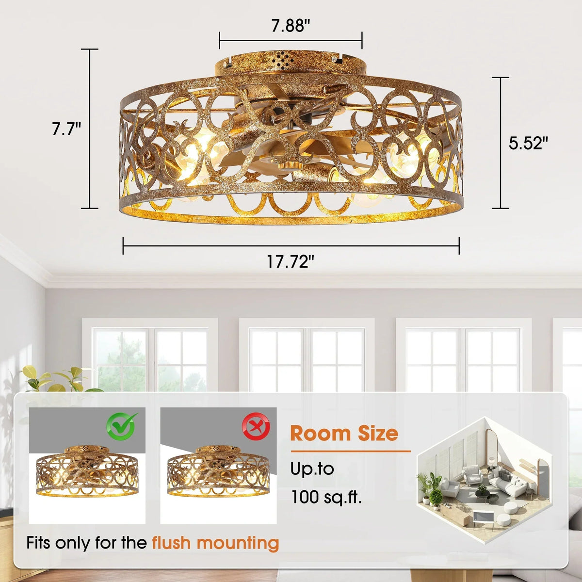 Parrot Uncle 18-Inch Vintage Distressed Golden Industrial Flush Mount Ceiling Fan with Light APP and Remote Control (BBF3008)