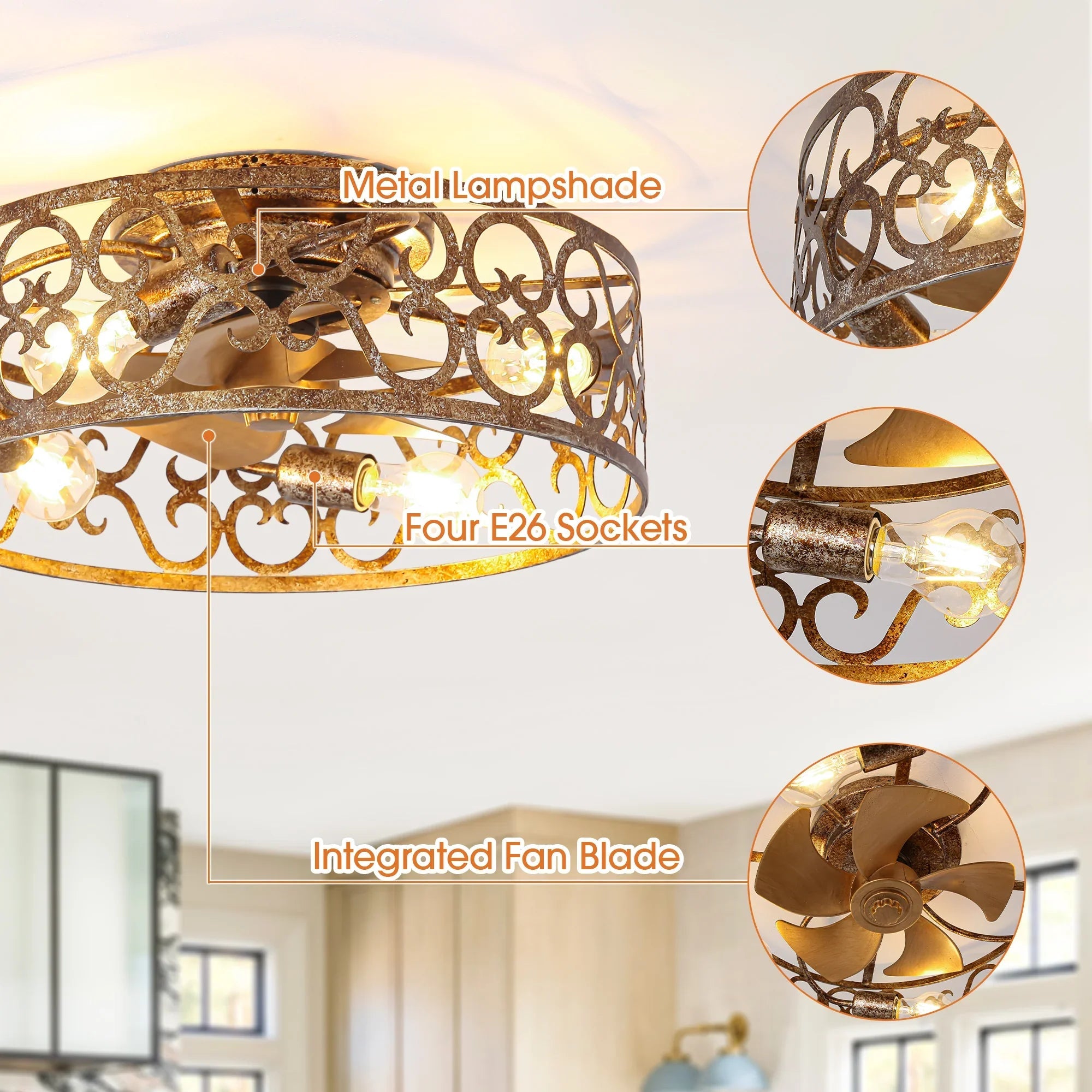 Golden ceiling fan light with metal lampshade, four E26 sockets, and integrated fan blades