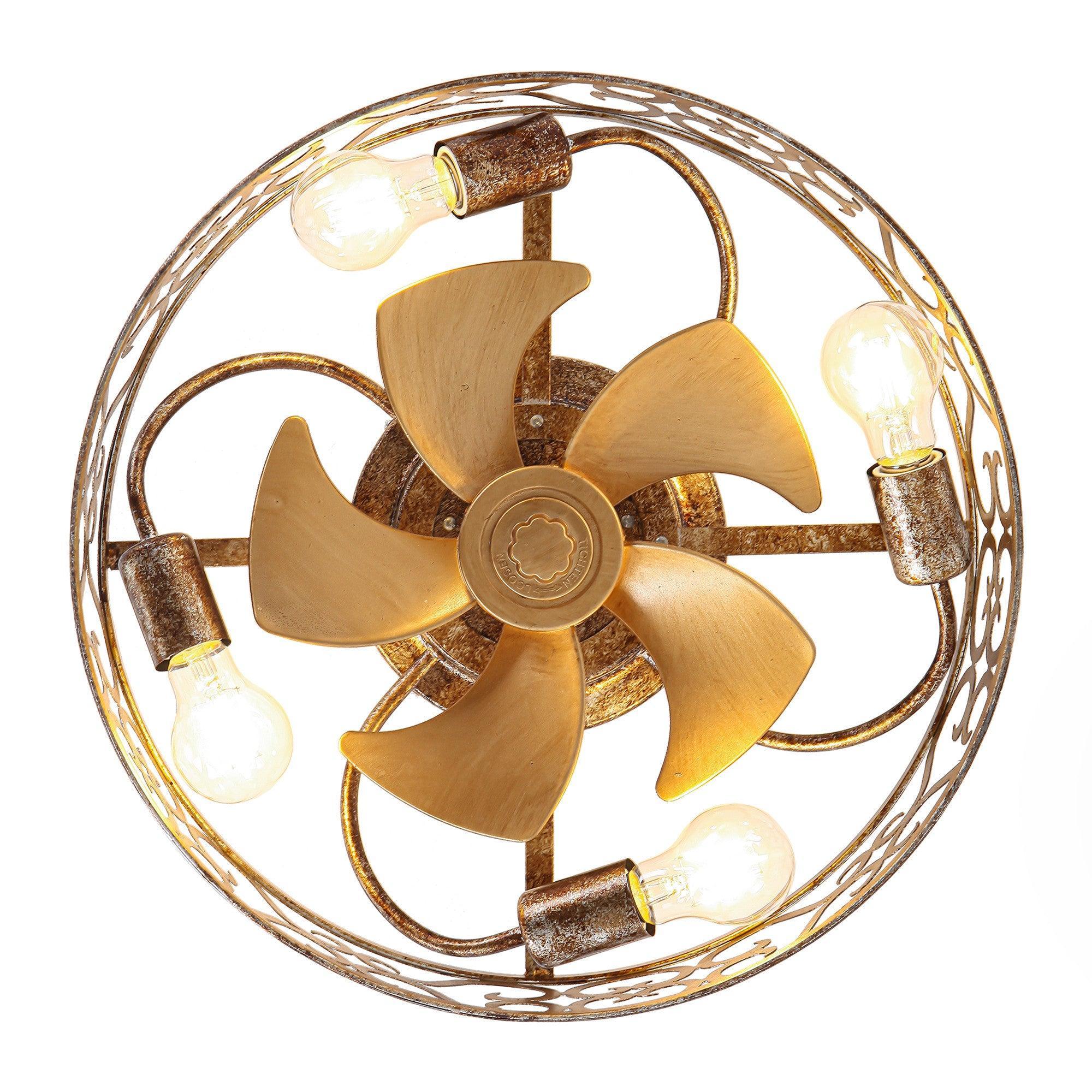 Golden distressed flush-mount ceiling fan with five blades and four frosted-glass bulbs