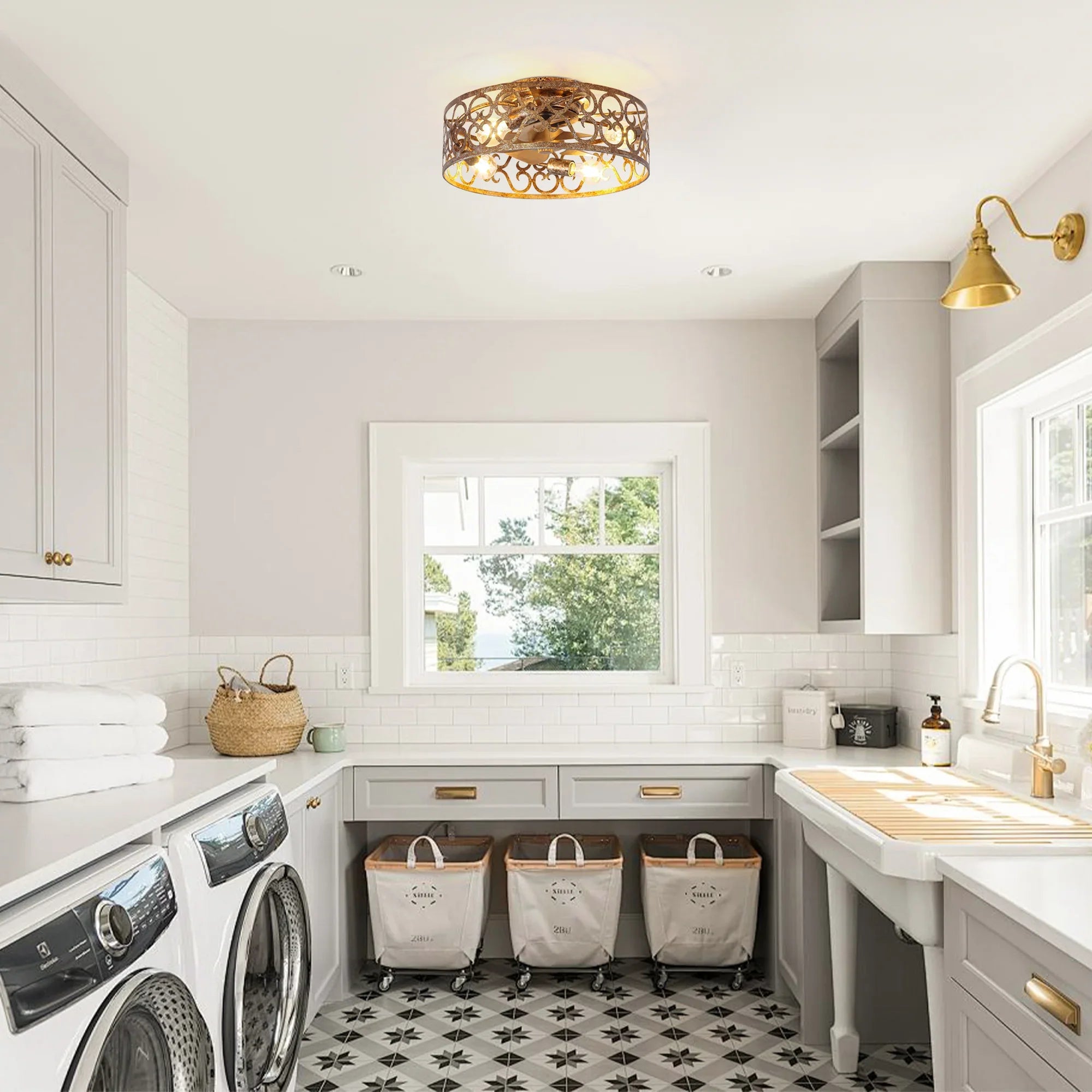 Golden flush-mount ceiling fan light with ornate metal cage and frosted bulbs