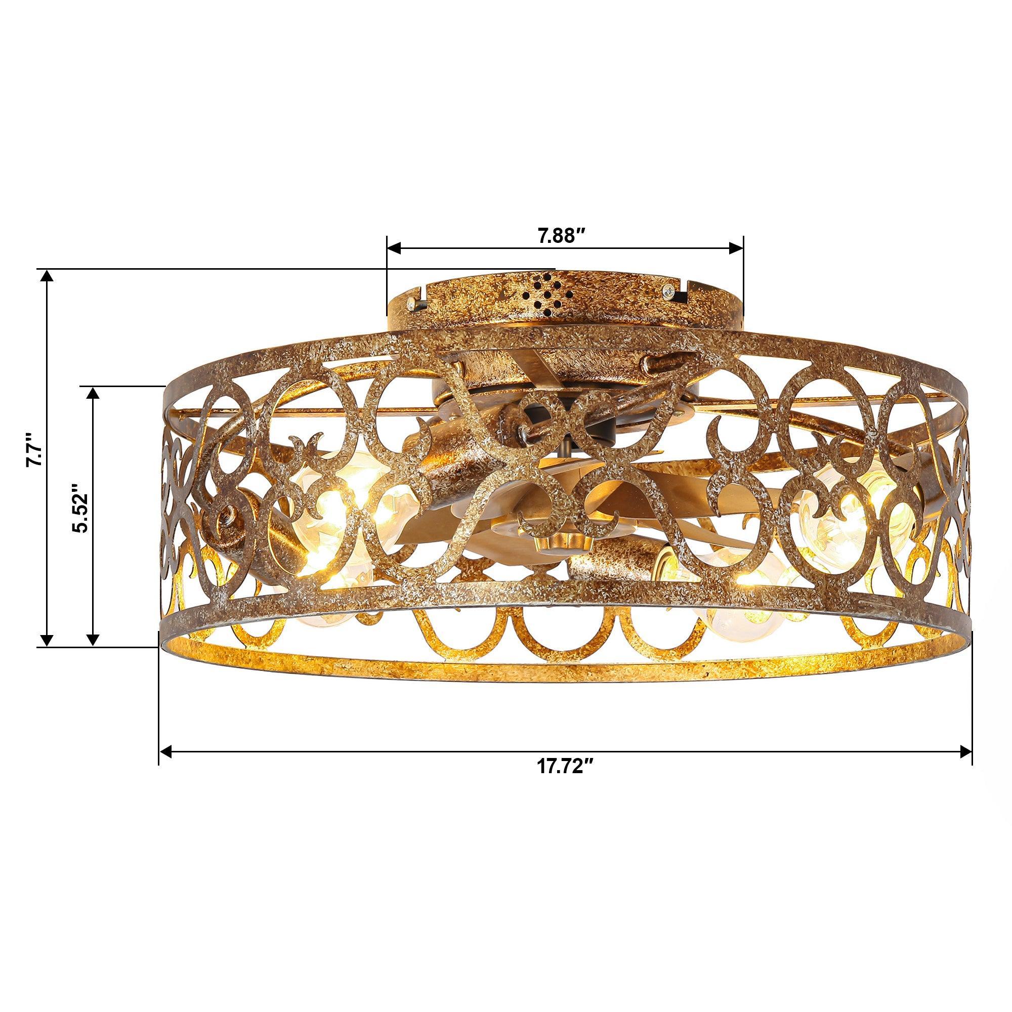 Golden flush-mount ceiling fan light with ornate metal cage and size measurements