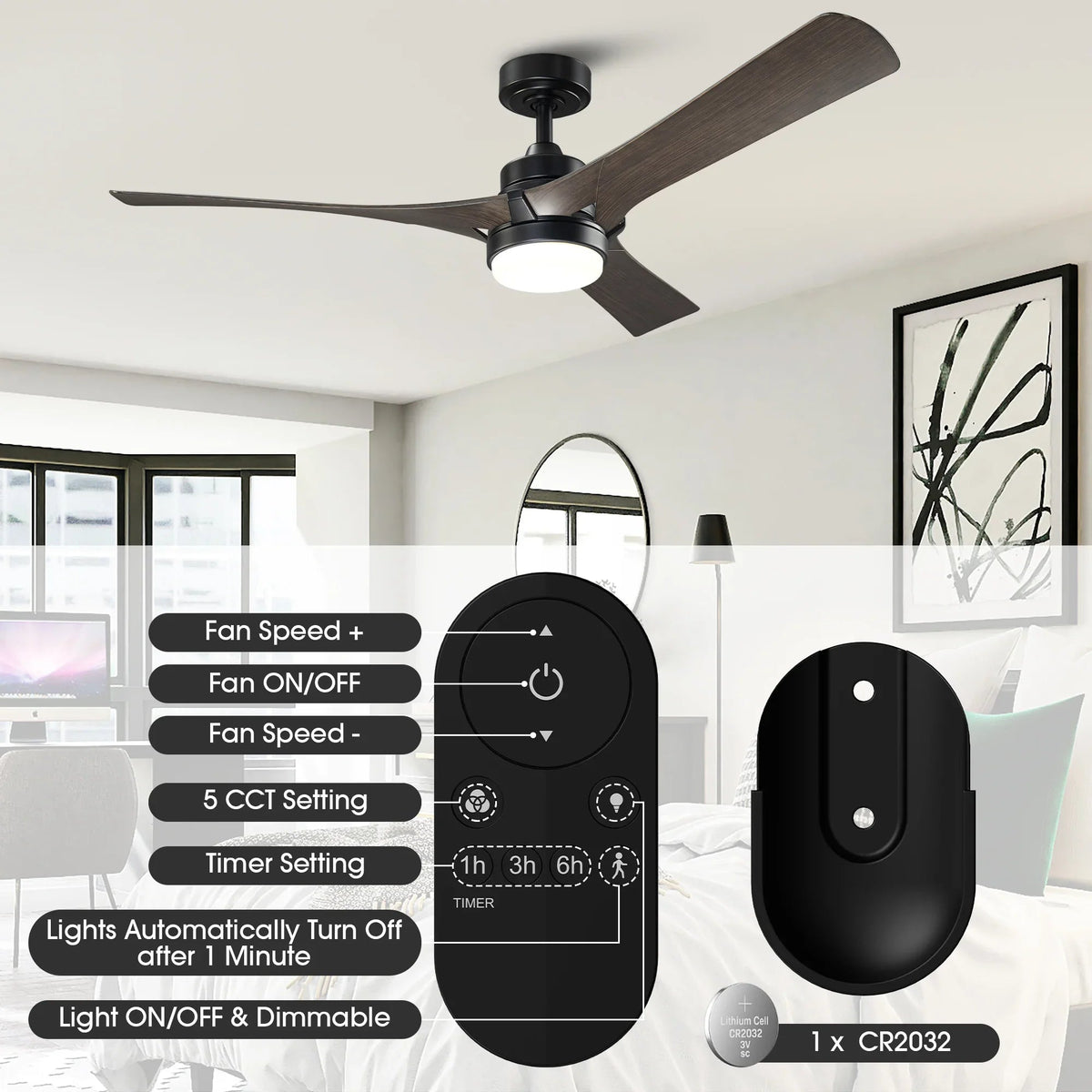 Black ceiling fan with dark wood blades, integrated LED light, and remote control panel