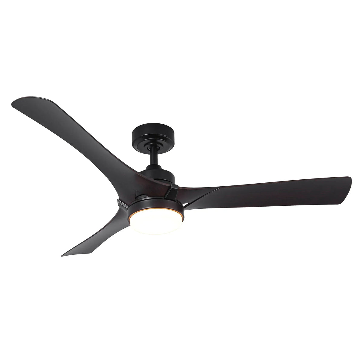 Black industrial LED ceiling fan with three dark wood blades and lit light fixture