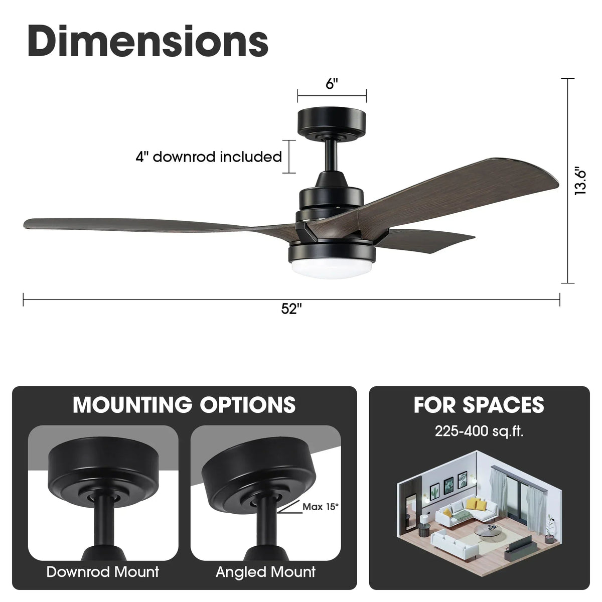 Parrot Uncle 52-Inch Ivy Industrial Downrod Mount LED Ceiling Fan with Remote Control (BBF6024BK)