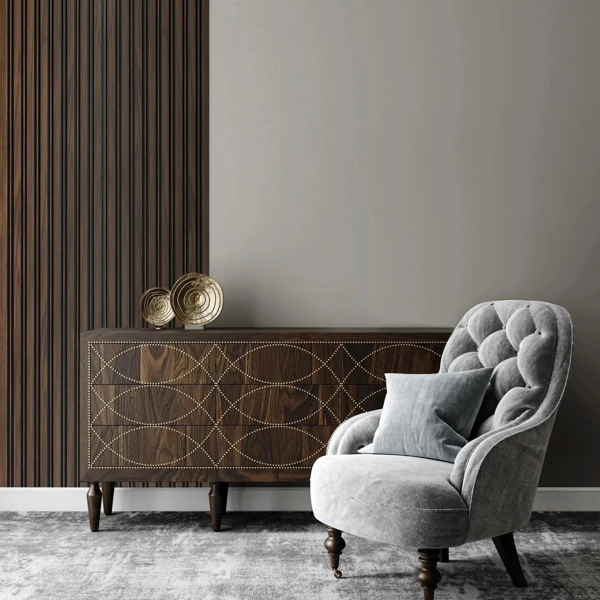 Dark brown vertical slat acoustic wood veneer wall panel
