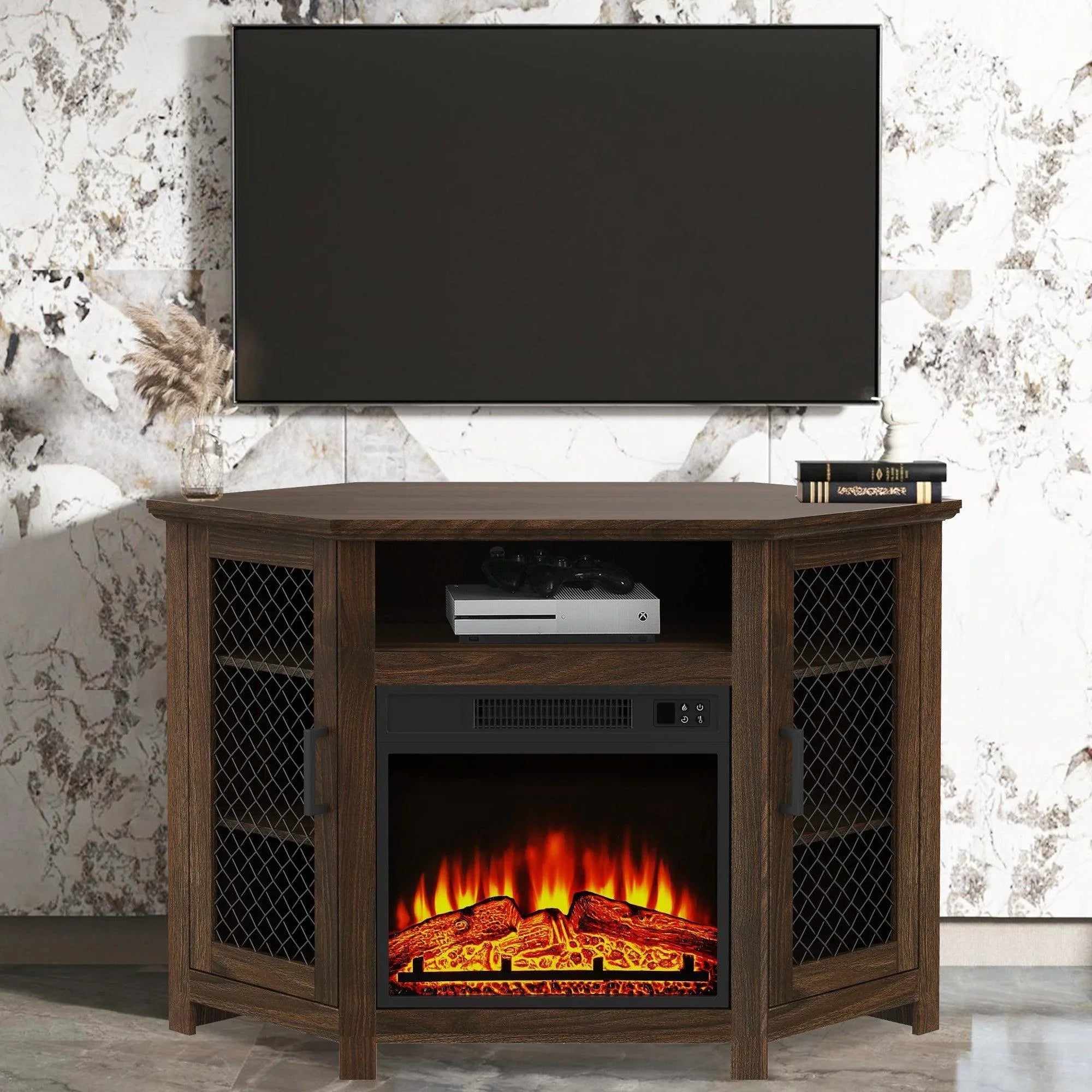 Brown electric fireplace TV stand with open shelf, mesh panels, and flame insert