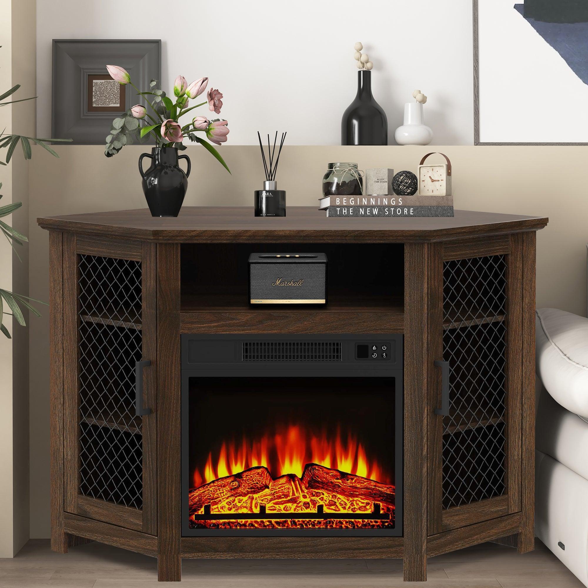 Brown electric fireplace TV stand with mesh doors, open center shelf, and flame insert