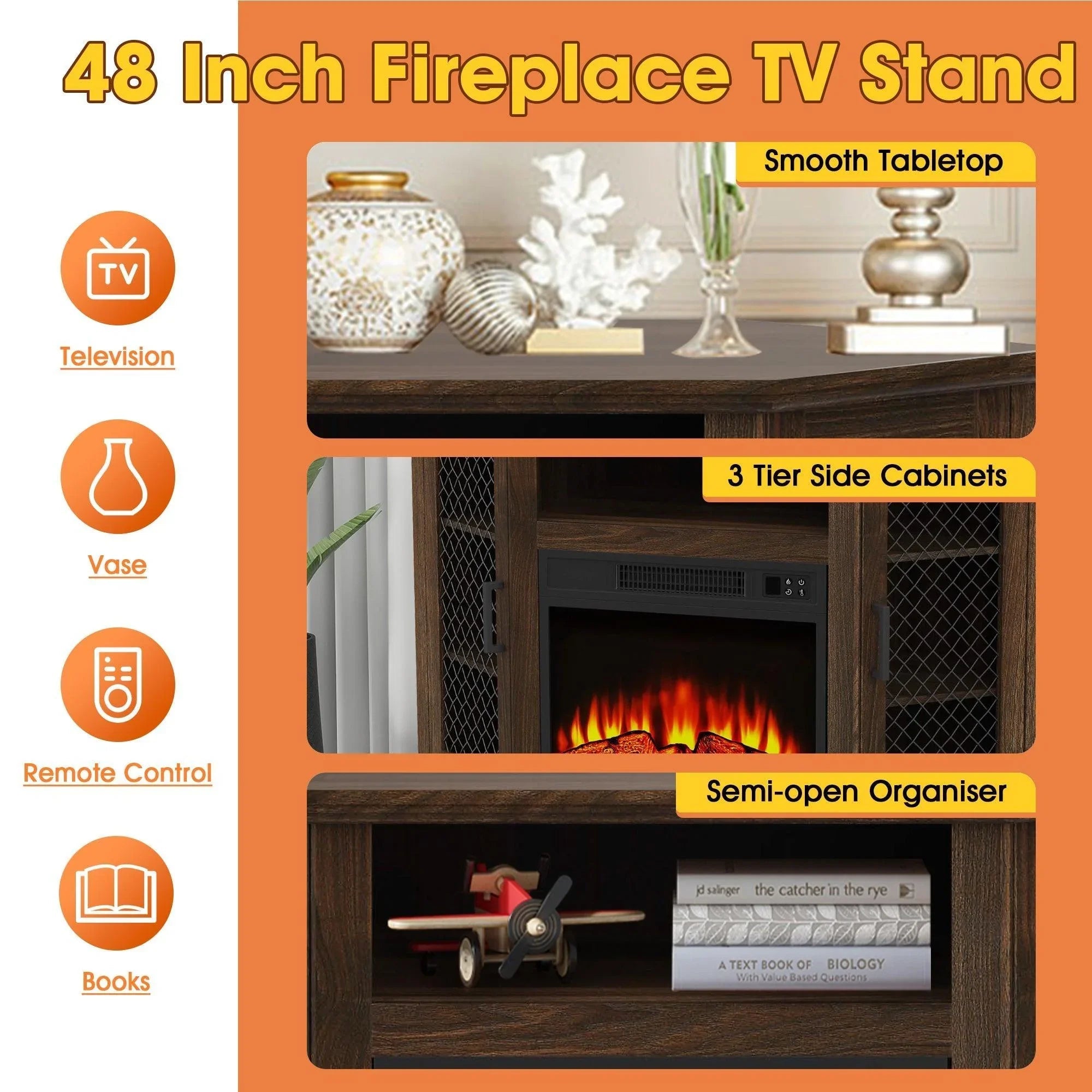 Electric fireplace TV stand console with mesh doors and open shelving