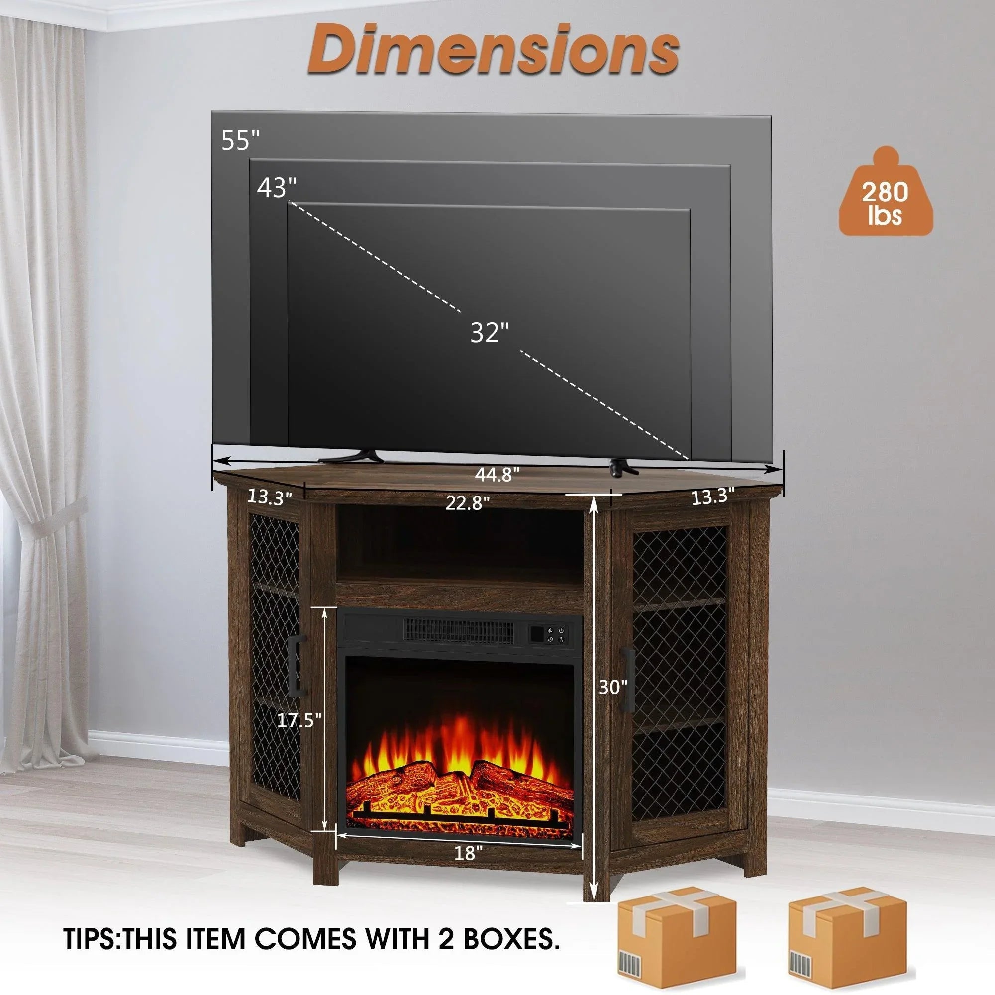 Brown electric fireplace TV stand with flame insert and mesh cabinet doors