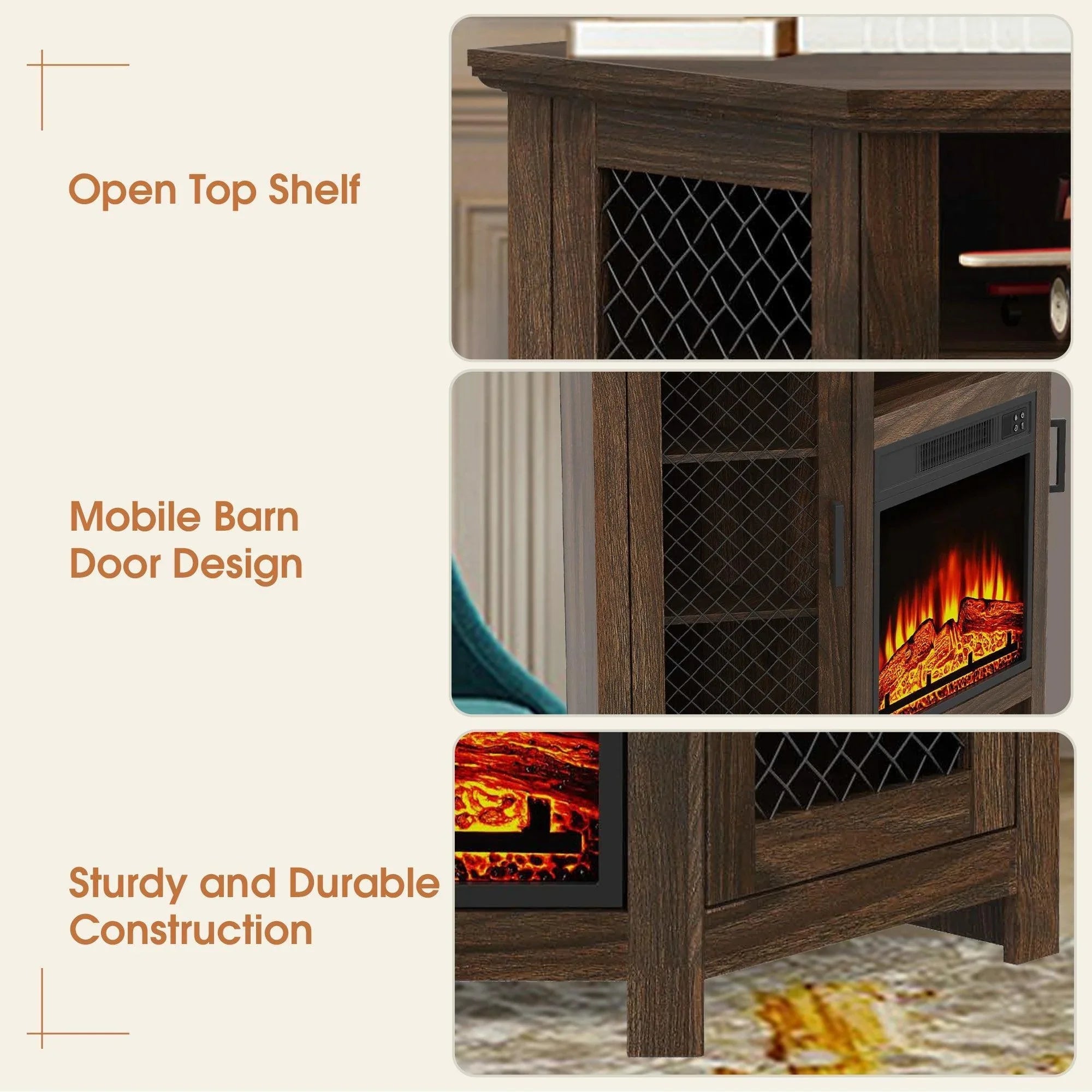 Brown electric fireplace console table detail view of mesh doors and open shelf