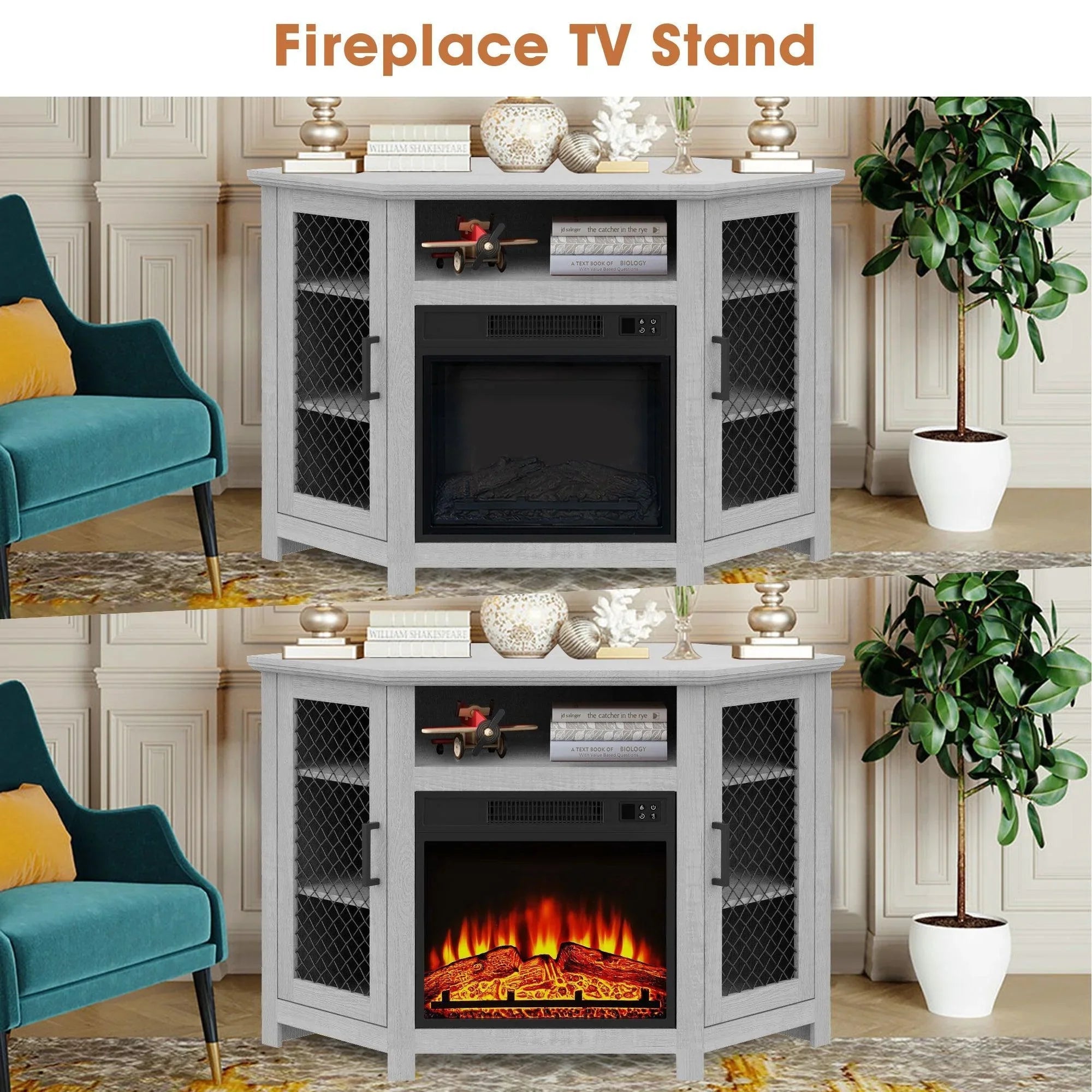 White fireplace TV stand with two metal mesh doors and central open media shelf