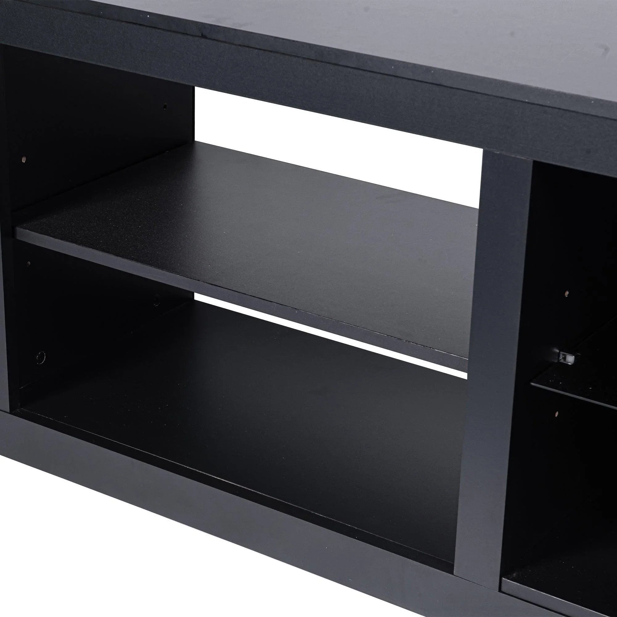 Black TV stand with open compartment and interior shelves