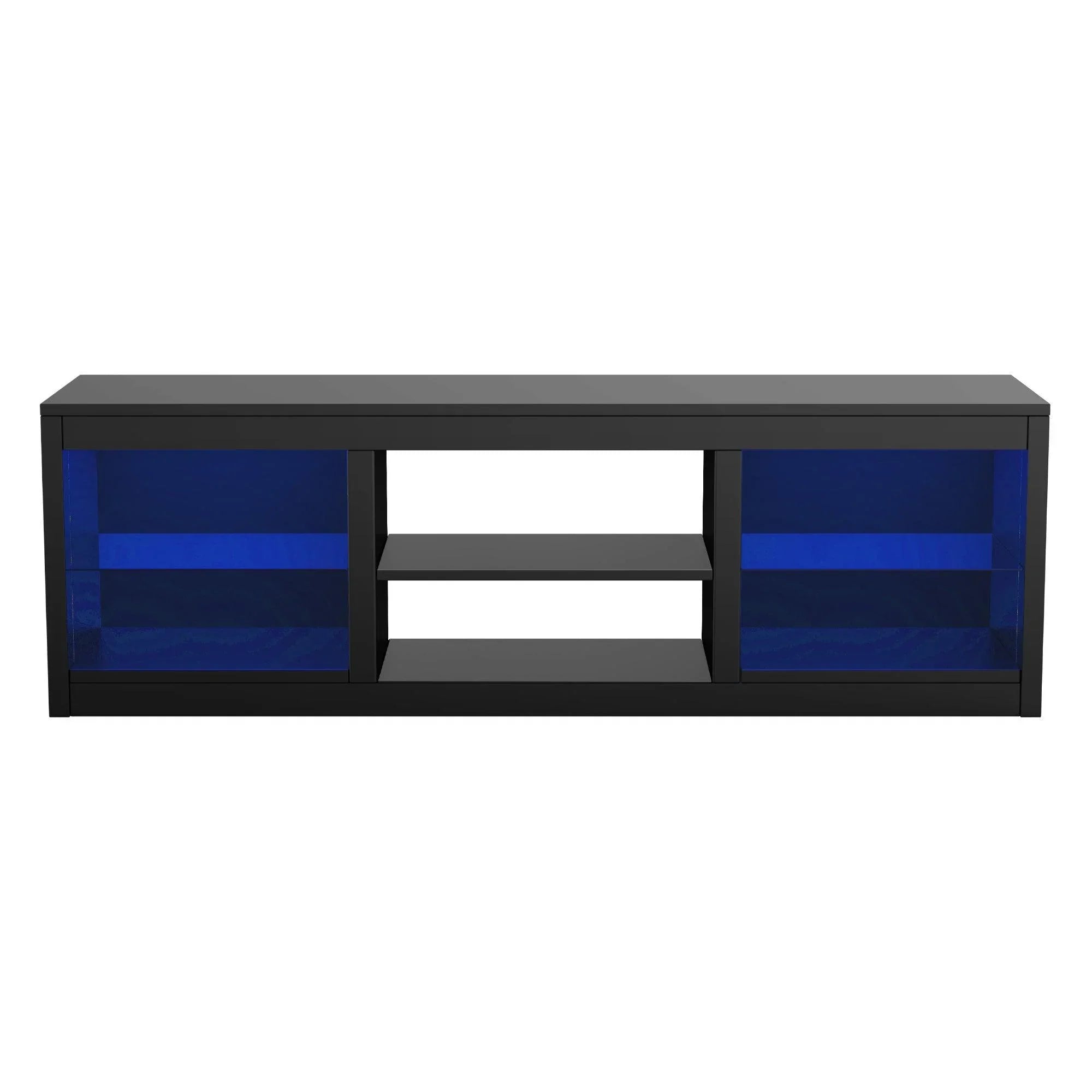 Black TV stand with blue glass-style side panels and center open shelf