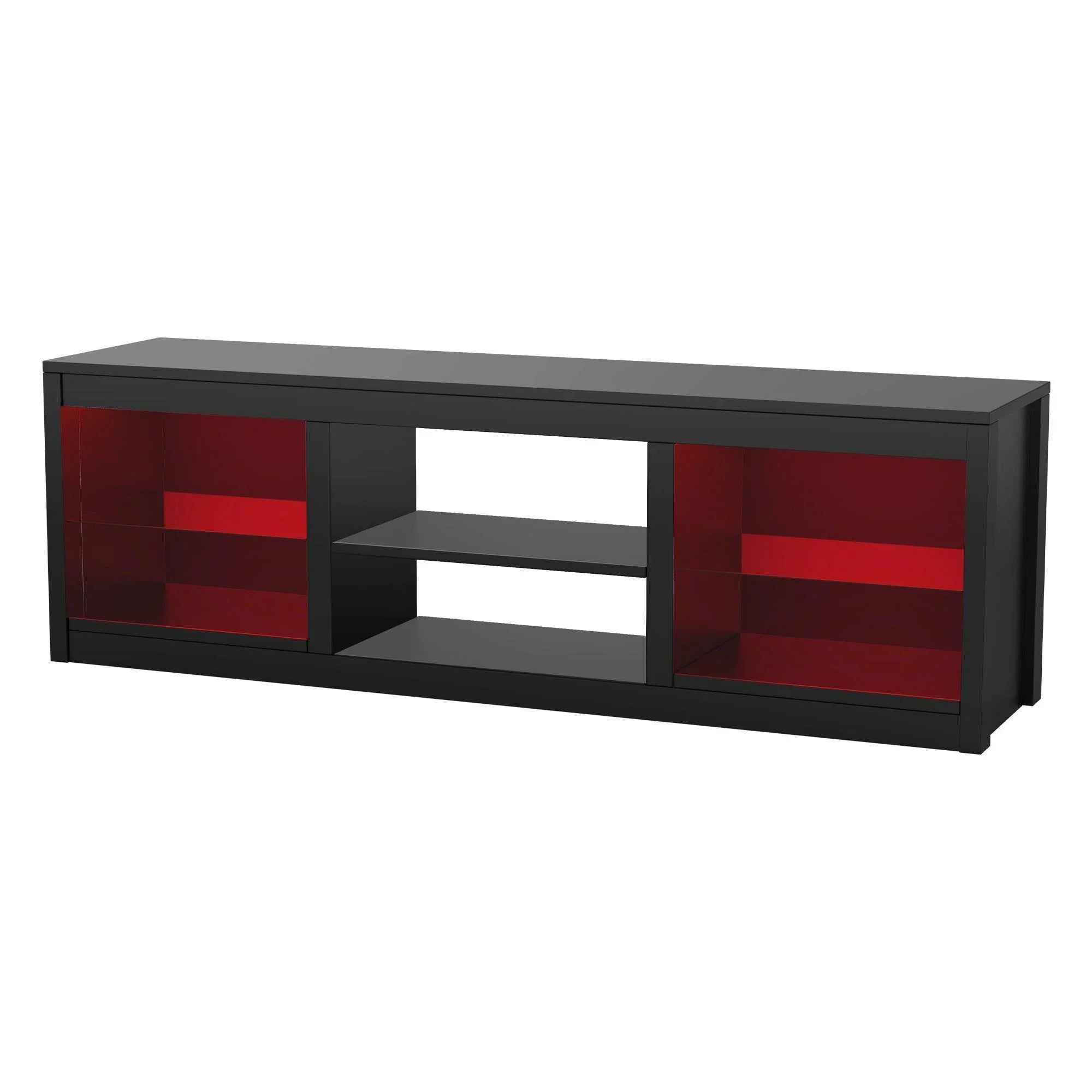 Black TV stand with red glass-style storage panels and central open area
