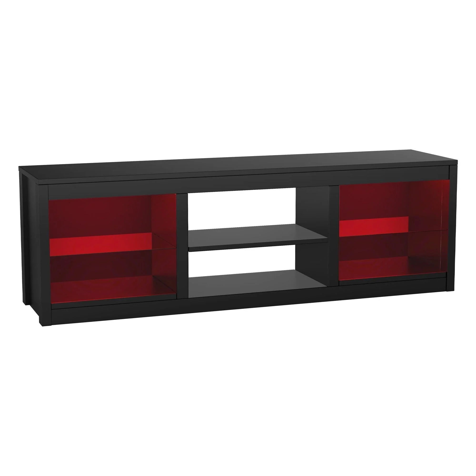 Black TV stand with red glass-style side panels and center open shelf